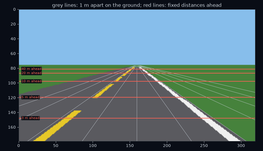 The straight road with lines 1 m apart on the ground, far apart at the bottom of the frame and crowding together near the horizon.